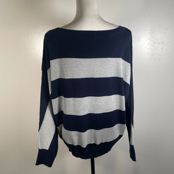 Liz Claiborne Navy Blue Silver Striped Boat Neck Tight Knit Pullover Sweater XL - Picture 8 of 13
